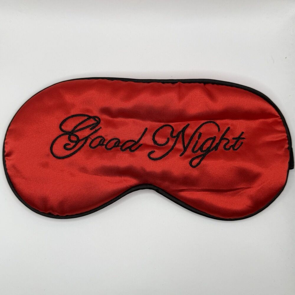 Red Satin Sleep Eye Mask Good Night Embroidered Adjustable Band Travel Blindfold
